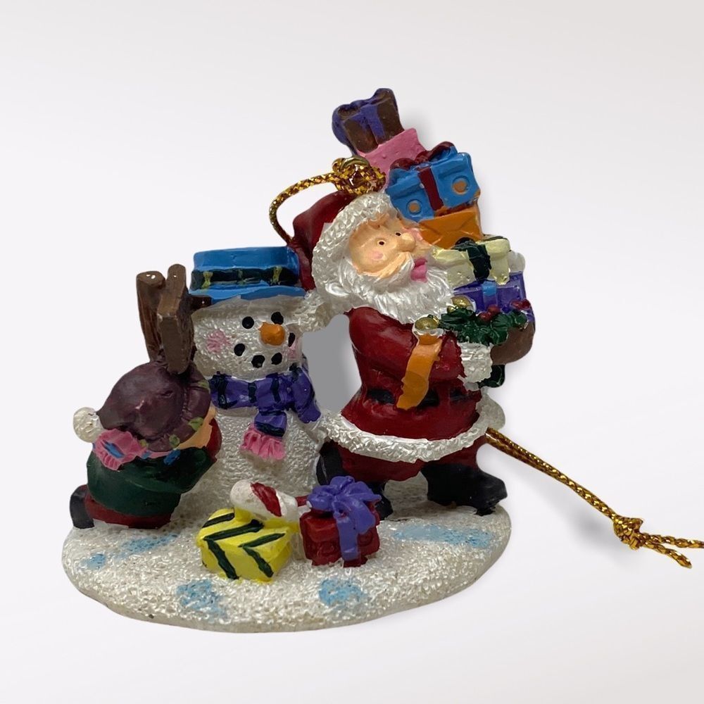 Vintage | Snowman And Santa Holding Presents Christmas Ornament